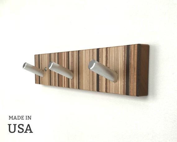 Modern Bathroom Hook, Unique Towel Hook in Striped Wood with Metal Pegs by andrewsreclaimed