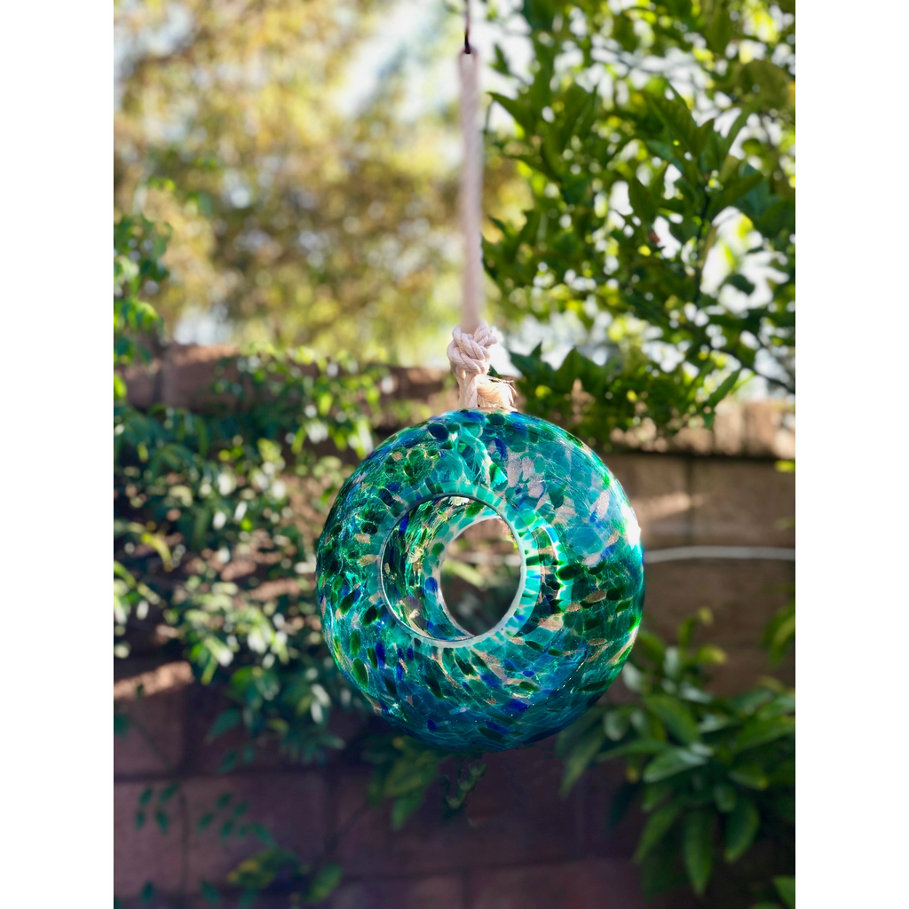 Handcrafted Glass Art Bird Feeder - Lake Green