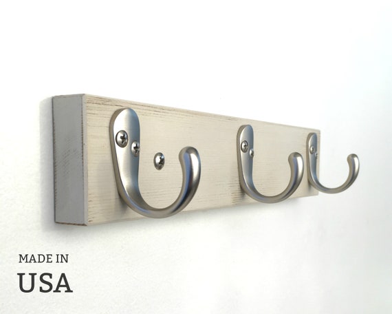 Towel Hook in Brushed Nickel and Rustic White Wood by andrewsreclaimed