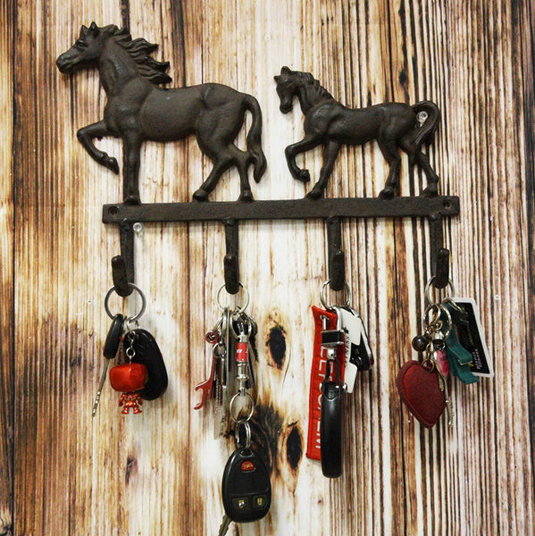 Ebros Cast Iron Rustic Western Country Farm Horse With Foal Coat Key Hat Leash Backpack Wall Hanging Hooks 13" Wide 4 Peg Hook Decor Hangers Cowboy Decorative Organizer For Mudroom Main Entrance Walls