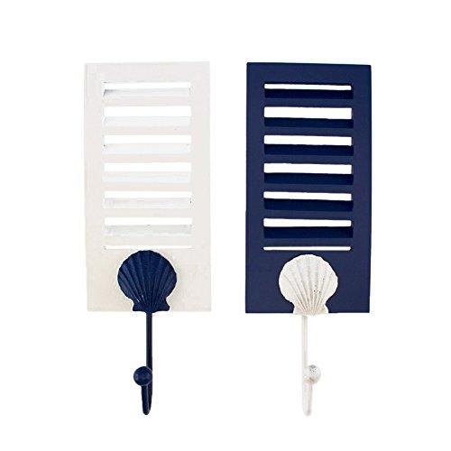 2 Wood Shutter Frame Towel Wall Hooks With Seashell Accent