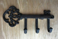 Rustic Cast Iron Key Shape Holder Hook Hanger Antique Style 3 Hooks Wall Mount