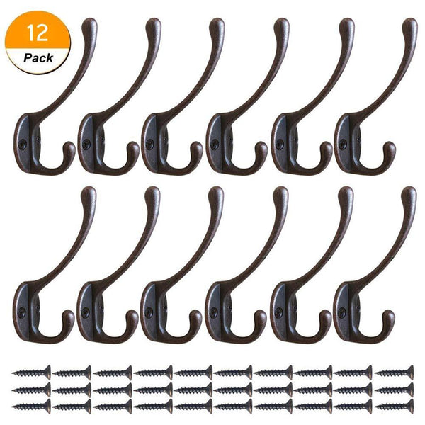 12 Pcs Heavy Duty Dual Coat Hooks Wall Mounted with 30 Screws Retro Double Utility Rustic Hooks for Coat, Scarf, Bag, Towel, Key, Cap, Cup, Hat (Vintage Copper)