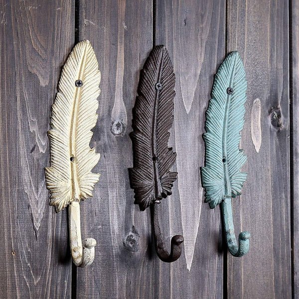 3 Pcs Vintage Cast Iron Feathers Home Door Wall Mount Hooks Home Towel Clothes Hat Coat Key Hanger (Feather)