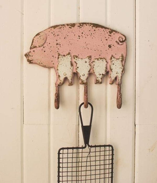 Painted Cast Iron Pig with Piglets Wall Hook