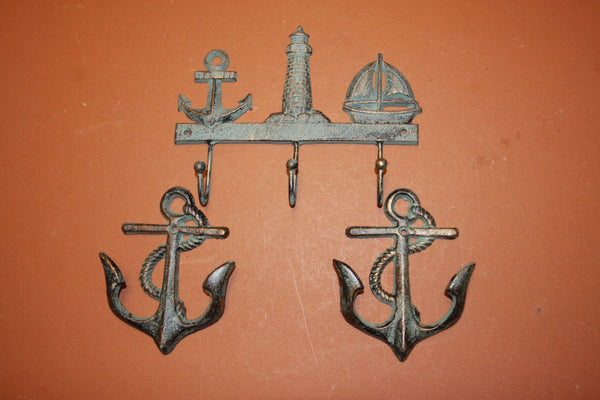 3) Seaview Coat and Hat Hook Set of 3, Bronze-look Anchor Lighthouse sailboat decor, sailing wall hooks, cast iron, free shipping~