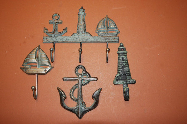 4) Maritime wall hook set, fast and free shipping, bronze-look cast iron sailing decor, antique-look sailboat decor, anchor~