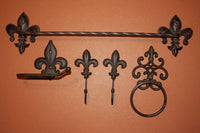5) Antique-look Fleur De Lis Cast Iron Bathroom Accessory Set Towel Bar Ring Hook Toilet Paper Holder, Saints Cajun Creole Bath