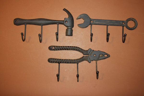3) Husband Tool Decor Gift Set, Free Shipping, Vintage-look tools cast iron coat hat wall hooks, Rustic Man Cave Wall Hooks