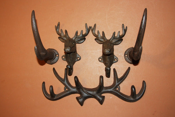 5) Husband Deer Hunter Gift, Free Shipping, Cast Iron Antler Wall Hooks, Rustic Cabin Deer Antler Decor, Deer Hunter Home