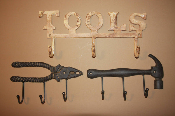 3) Gift for dad Vintage-look Tools Cast Iron Wall Hook Set Rusty Tools Hammer Pliers Set of 3 pieces