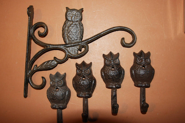 5) Cast Iron Owl Collectibles, Owl Plant Hanger Wall Hooks Set of 5 pieces, Wildlife Nature Forest Owl Home Decor, B-51,H-43