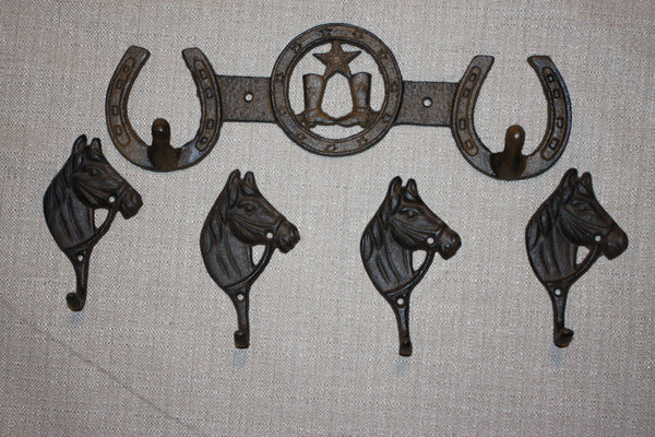 5) Horse Head Horseshoe Lone Star Cowgirl Hat Purse Wall Hook Set, 5 piece set, Cast Iron Cowgirl Wall Hooks, 1xW-66, 4xW-18