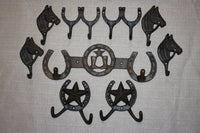 9) Ready to paint Cast Iron Cowboy Cowgirl Coat Hat Wall Hook Set, Free Shipping, 9 piece set of assorted cast iron wall hooks