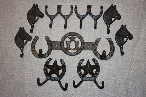 9) Ready to paint Cast Iron Cowboy Cowgirl Coat Hat Wall Hook Set, Free Shipping, 9 piece set of assorted cast iron wall hooks