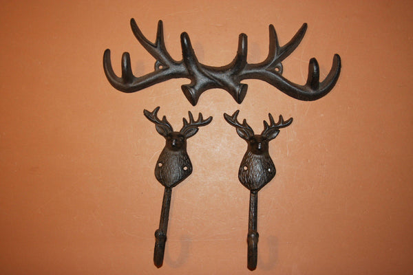 3) Rustic Vintage-look Deer Hunter Wall Hook Set, Free Shipping, Antler Wall Hooks, Cast Iron Deer Antler Coat Hooks, W67/W36