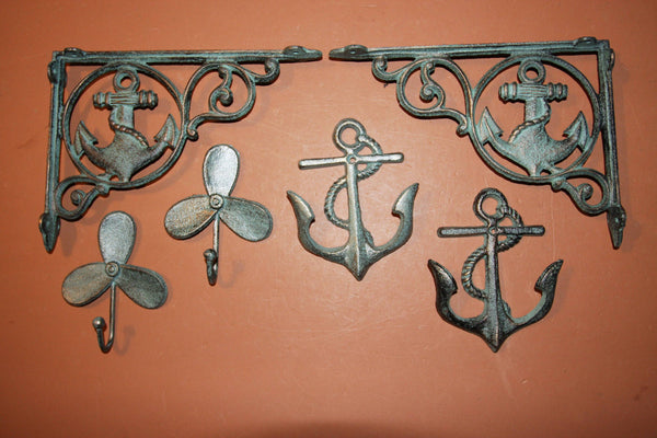 6) pcs, Navy Marine Sailor Wall Decor, Anchor Propeller Shelf Brackets Wall Hooks,Durable Solid Cast Iron,Bronze-look,Free Ship~