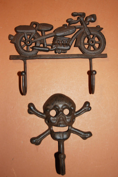 2) Husband Gift Set Vintage Motorcycle Skull Cross Bones Biker Home Decor Rustic Cast Iron Shipping Included,  H-41,H-66