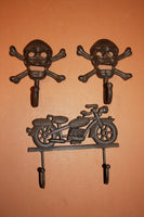 3) Biker Boyfriend Gift, Fast Free Shipping, Vintage Motorcycle & Skull Crossbones Wall hook Set, Solid Cast Iron,Rustic Biker Gift