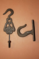 2) Husband Gift Garage Workshop Mechanic&#39;s Decor Old Fashion Pulley Large Hook Wall Hook Set Cast Iron Shipping Included