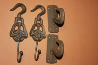 4) Husband gift, Rustic Pulley Wall Hook Set, Free Shipping, Solid Cast Iron Pulley Decor, Workshop, Vintage-look Pulley Decor