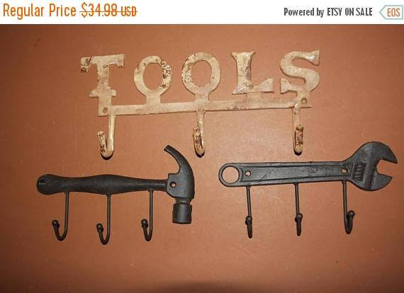 3), Husband Gift, Garage Tool Storage Hooks, Rustic Cast Iron Tools Decor, Unique Garage Wall Hooks, Solid Cast Iron,Free Ship