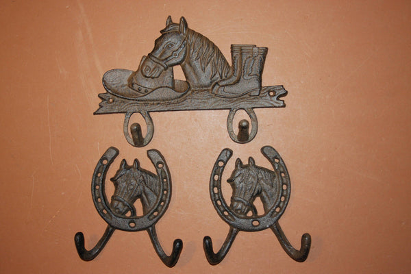 3) Horse Lover Home Decor Husband Gift, Fast Free Shipping, Solid Cast Iron Horse Wall Hook Set, Rustic Cowboy Horse Rider Decor