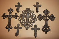 Vintage Style Old World Christian Fleur De Lis Wall Cross / Fleur De Lis Wall Hook Set, Cast Iron, Lafayette, Free Shipping~