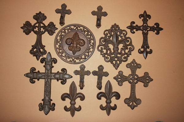 12)Fleur De Lis Wall Cross Collection - Vintage Style Solid Cast Iron Fleur De Lis Home Decor, Old French, Saints,  Iberia -~