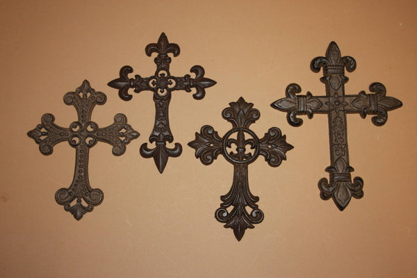 Fleur De Lis French Tuscan Cast Iron Cross Set, Vintage Style Fleur De Lis Religious Decor, New Mission, Free Shipping, 4 pcs