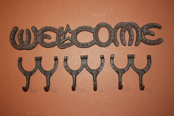 Vintage Look Cast Iron Horseshoe Welcome Plaque Wall Hook Set of 4 -