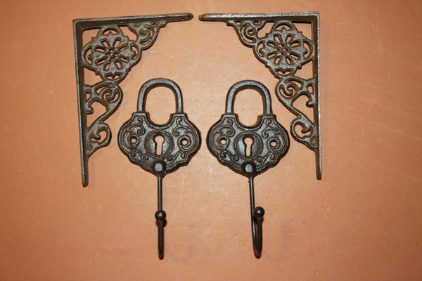 4) Vintage-look Old Padlock Decor, Fast Free Shipping, Old-fashioned Padlock, Old Timey Wall Shelf Brackets, Antique-look Cast Iron