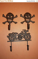 3) Biker Home Decor, Free Shipping, Vintage Motorcycle, Skull Crossbones, Heavy Solid Cast Iron Wall Hooks, coat & hat hooks