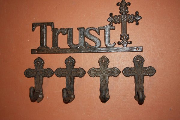 5) Trust In The Lord Mission Style Wall Plaque | Mission Design Christian Cross Wall Hooks Set of 5 pieces, Cast Iron, Free Ship ~