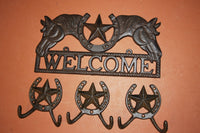 4) Texas Ranch House Welcome Plaque Set, Lone Star Coat Hooks, Cast Iron, Stockton,  Free Shipping
