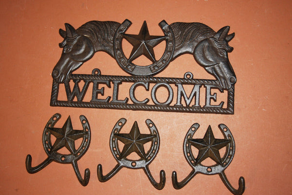4) Texas Farm Ranch Welcome Plaque Set, Lone Star Coat Hat Hooks, Western Horse Welcome Sign, Cast Iron, Stockton,  Free Shipping
