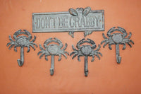 5) Crab Shack Theme Wall Decor, Cast Iron Don&#39;t Be Crabby Plaque Crab Wall Hooks Set, BL-66