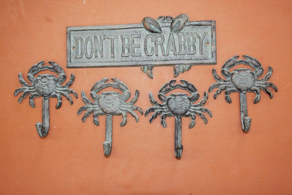 5), Antiqued-look Cast Iron Beach House Decor, Bronze-look Don&#39;t Be Crabby Wall Plaque & Wall Hook set,   BL-66