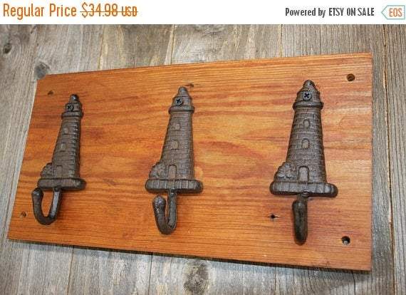 Vintage-look Lighthouse Design Bath Towel Hook Rack Handmade in USA,  Reclaimed 100 Year Old Wood, The Country Hookers, CH-6
