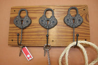 Old Fashion Padlock Design Key Hooks Rack, Handmade in USA, Cast Iron, Reclaimed 100 Year Old Wood, The Country Hookers, CH-13