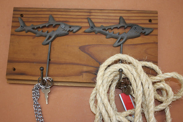 Shark Collector Rustic Wall Hook Rack, Handmade in USA, Cast Iron, Reclaimed 100 Year Old Wood, The Country Hookers, CH-16