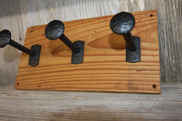 Masculine Design Wall Hook Rack, Hammered Head Twisted Shaft, Cast Iron, Handmade in USA,reclaimed Wood, The Country Hookers, CH-23