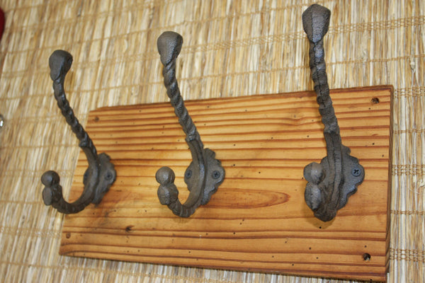 Fathers Day Gift Old Fashion Coat Hat Wall Hook, Handmade in USA, Cast Iron hooks on wood, CH-29