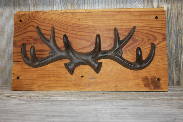 Wall Mounted Antler Coat Hat Hooks, Handmade in USA, Cast Iron, Reclaimed 100 Year Old Wood, The Country Hookers, CH-14