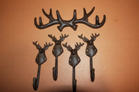 5) Deer Hunter Unique Christmas Gift, Wall Mounted Antler Deer Head Cast Iron Wall Hooks Set of 5 pieces, Sportsman, Deer Hunter
