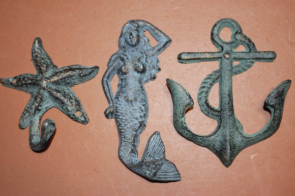 3) Antiqued Look Nautical Decor Wall Hook Set, Bronze Look Mermaid Anchor Starfish Wall Hook Collection