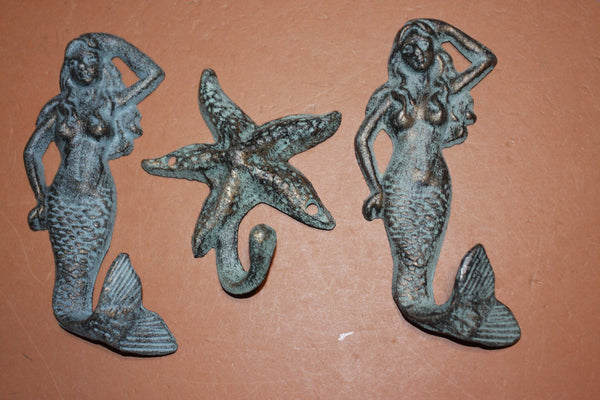 3) Mermaid Starfish Wall Hook Set, Antiqued Look Cast Iron, Towels, Coats, Hats, Purses Wall Hook Set, Nautical Wall Hooks