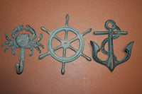3) Nautical Cast Iron Wall Decor, Ships Wheel Wall Plaque, Crab Anchor Wall Hook Set, Antiqued Look Cast Iron Set