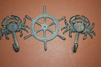 3) Finish Nautical Cast Iron Wall Decor, Ships Wheel Wall Plaque, Crab Wall Hook Set, Antiqued Look Cast Iron Set