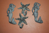 4) Mystical Mermaid Purse Jacket Wall Hook Set, Starfish Coat Hooks, Antiqued Look Cast Iron Bronzed Look Finish, Set of 4